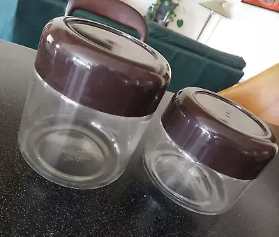 2 Vintage HELLER DESIGNS SPACE AGE 1970S STORAGE JARS  GLASS FLOUR SUGAR COFFEE • $39