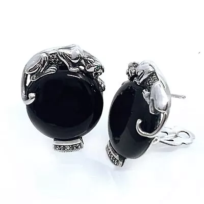 Onyx Panther Earrings Art Deco Style 925 Sterling Silver English Hallmarks • £200.34