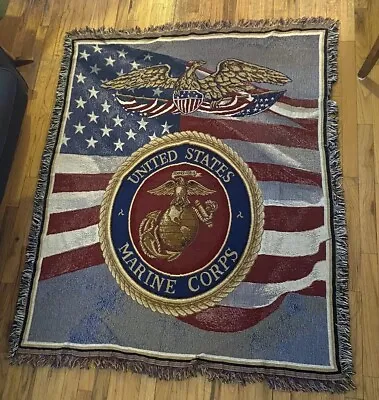 US Marine Corps Woven Fringed Tapestry Throw Blanket 60  X 48” • $49.99