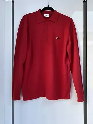 Gents Lacoste Long Sleeve Button Collar Fine Knit Lambs Wool Jumper Red Size 4 • £10