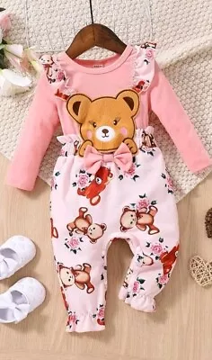 Baby Girl Floral Print Bear Ruffle Trim Bow Front Jumpsuit 3-6 Months • £6.49