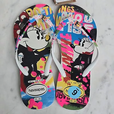 Havaianas Slim Disney Mickey Minnie Mouse Flip Flop Sandal Sz 6 Neon Grafitti • $22.99