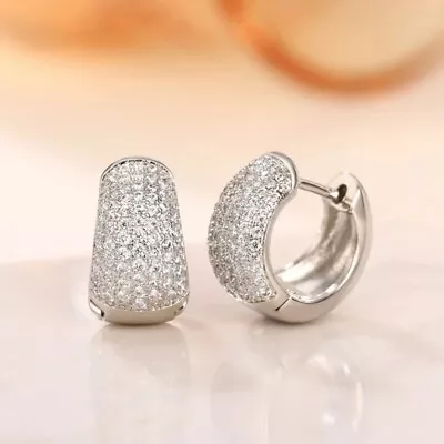 Micro Pave Cubic Zirconia Huggie Hoop Thick Earrings Rhodium Plated Silver  E38 • $19.99