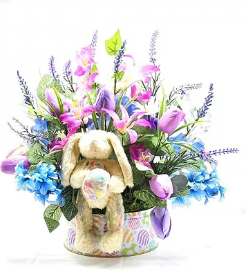 Adorable Vintage Rabbit Easter Egg Tin With Silk Lilac Purple And Blue Flowers • $44.99