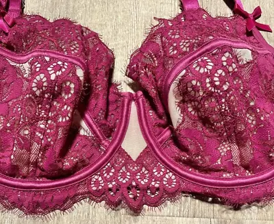 Bras N Things Fushia Lace Underwire Bra Size  12DD Lingerie Valentines AS NEW • $33.50
