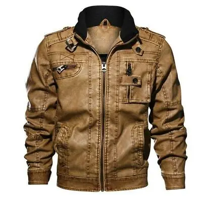 Men's Tactical Stand Collar Faux Leather Jackets Motorcycle Retro Biker Coats • $71.77