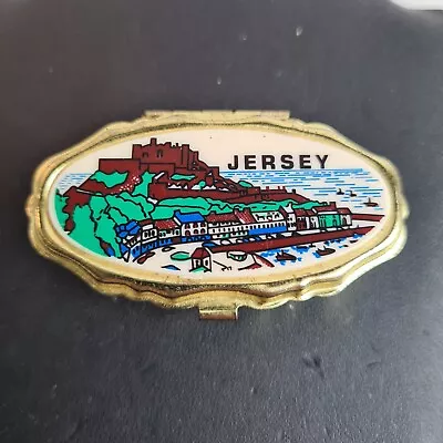 Vintage Gold Tone Pill Box With Jersey Scene Of Castle And Houses Along The Sea • $19.95