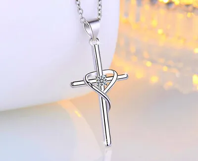 Heart Cross Pendant 925 Sterling Silver Womens Necklace Chain Jewellery Gift UK • £3.29