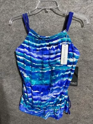 MagicSuit Tankini Swim Top Womens Size 8 Underwire Support Ruched Striped Blue • $31.99