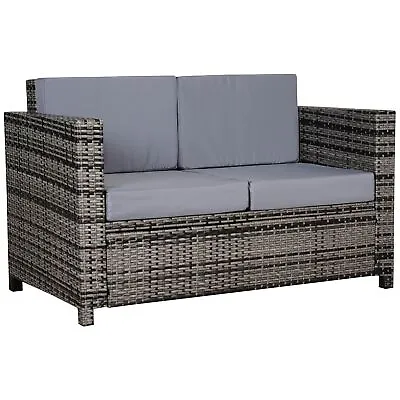 Outsunny Rattan Wicker 2-seat Sofa Loveseat Padded Garden Furniture Grey • £134.99
