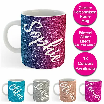 Custom Personalised Name Text Printed Glitter Effect Tea Coffee Mug Cup Gift • £10.99