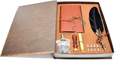 Calligraphy Quill Dipping Pen 4 Nibs Notebook Ink Bottle Wax Seal In Gift Box 19 • £29.99