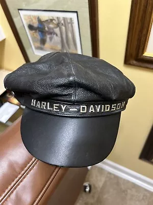Vintage 70’s Harley Davidson Fitted Leather Captain Cap Hat Men’s Black Strap • $49.95