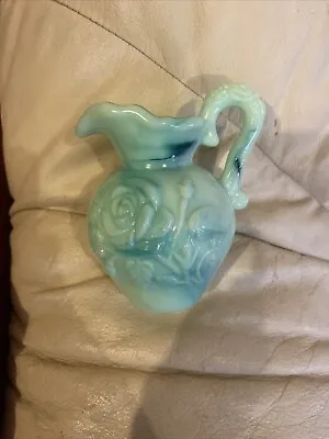 Vintage 1970's Avon Turquoise Blue Green Milk Glass Pitcher Perfume Bath Bottle  • $10.64