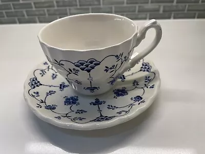Myott Finlandia Staffordshire England Tea Cup And Saucer White W/Blue Design • $6