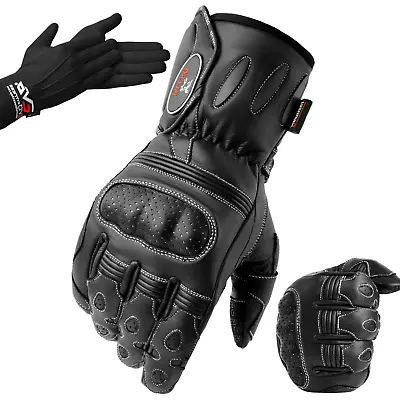 Mens Carbon Knuckle Winter Motorbike Motorcycle Leather Gloves Waterproof Wind • £17.99