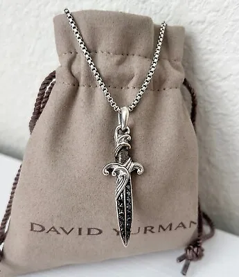 David Yurman Silver Waves Dagger Necklace With Black Diamonds 23-24  Chain • $450
