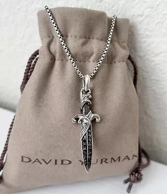 David Yurman Silver Waves Dagger Necklace With Black Diamonds 27-28  Chain • $450