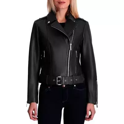 MICHAEL Michael Kors Womens Moto Leather Jacket With Belt Genuine Black Biker • $229