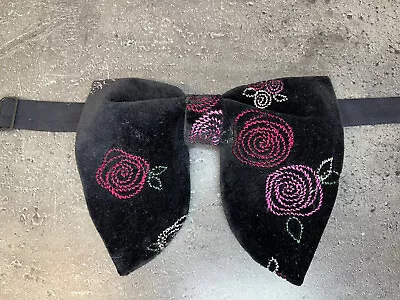 Oversized Black Embroidered Velvet Bow Tie Vintage Style 70`s Wedding Prom • $21.27