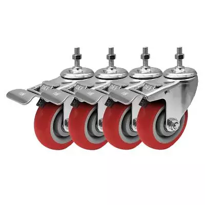 $24.99 • Buy 4 Pack 4 Inch Stem Caster Swivel With Front Brake Red Polyurethane Caster Wheels
