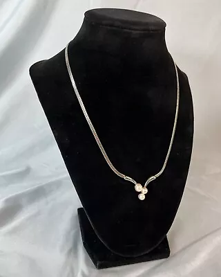 Vintage Silver Tone Herringbone Three Faux Pearl Necklace • $9.89