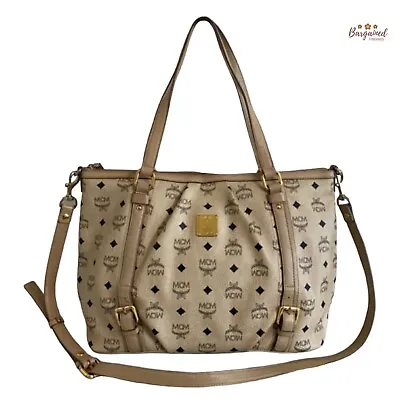 Authentic MCM Visetos Beige Coated Canvas Leather Essentials Shopper Tote Bag • $199