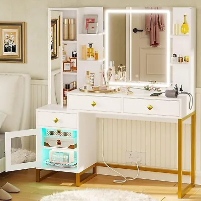 Vanity Desk With Full Length Mirror LED Vanity Makeup Table With Drawers White • $259.89