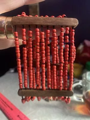 Vintage Bracelet: African Red Ten 10 Strand Cuff 2.25  Wide Stretch Beads & Wood • $5.99