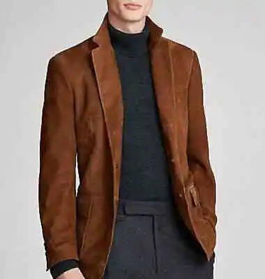 Men's Suede Leather Blazer Handmade Natural Brown Suede Coat Three Button Jacket • $143.99