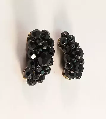 West Germany Signed Clip On Earrings Beaded Jet Black Faceted Glass Vintage • $16.99