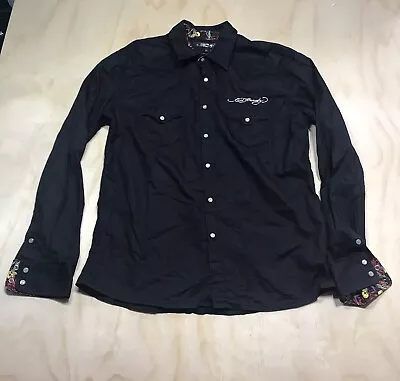 A1151 Ed Hardy Long Sleeve Button Up Shirt Sz XL Black • $25