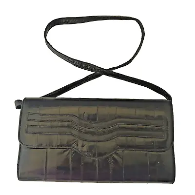 Black Eel Skin Clutch Handbag Purse 10 W X 6 H Detachable Strap Korea Vintage • $14.95