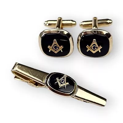 Freemason Cufflinks Tie Bar Clip Set Vintage Anson Gold Plated Black Masonic     • $23.96