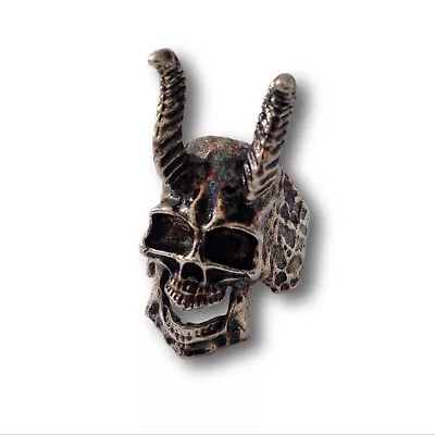 Vintage Rusted Steel Long Devil Horns Skull Ring For Men • $8