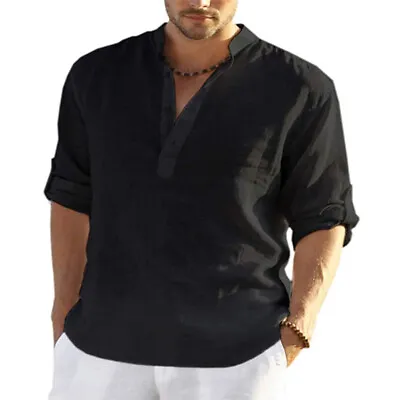 Mens Solid Linen Beach Shirts Cotton Casual Loose Long Sleeve Shirt Blouse Tops • $12.89