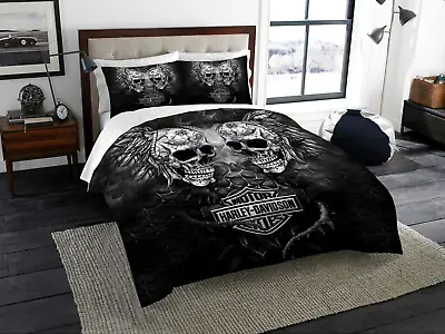 Harley-Davidson Motorcycles Logo And Big Skulls On Dark Duvet Covers Set (4pcs) • $69.99