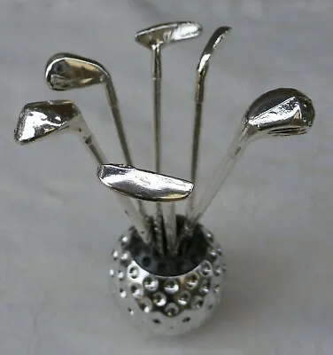 Metal GOLF BALL Holder W Golf Clubs APPETIZER Fork Olive Cocktail PICKS Italy • £67.55