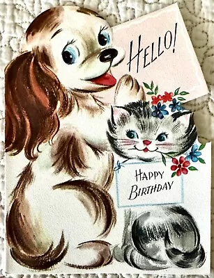 Unused Birthday Dog Cat Kitten Puppy Flowers Vintage Greeting Card 1940s 1950s • $5.32