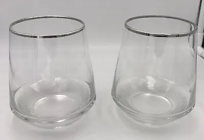 Whiskey Low Ball Glasses Diamond Pattern Set Of 2 RARE 4.25 Tall Silver Rimmed • $47.19