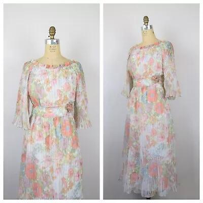 Vintage 1970s Pleated Floral Dress Tea Length Boat Neck Flutter Sleeve Sheer • $110