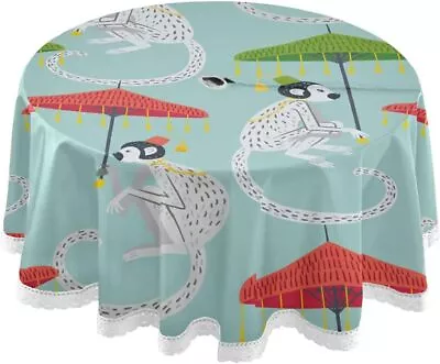 Round Tablecloth 60 Inch Vintage Monkeys With Umbrella Chinoiserie Green • $51.96