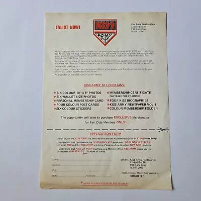 Kiss Memorabilia- 1980 Original Kiss Army Kit Enlist Application Form- Vintage • $39.99