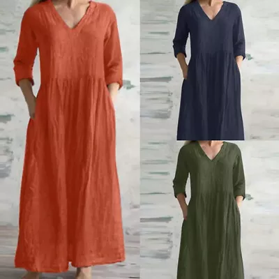 Plus Size Women V-Neck Cotton Linen Maxi Dress Kaftan Casual Baggy Long Dress AU • $12.97