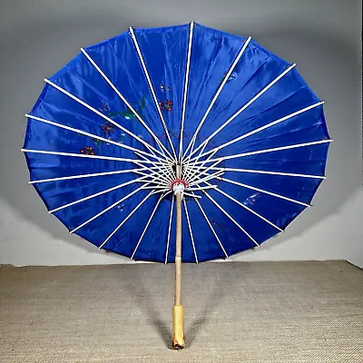 Vintage Asian Japanese Hand Painted Silk Umbrella Parasol Blue Bamboo Handle • $28