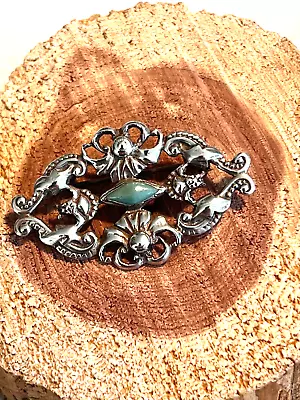 925 Sterling Silver Turquoise Ornate Brooch Pin Signed JYL TAXCO Vintage Jewelry • $12.99