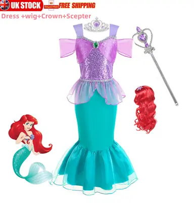 Girls Princess Ariel The Little Mermaid Fancy Dress Costume W/Wig Crown Scepter • £12.99