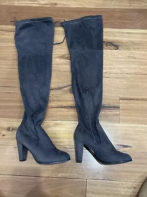 Unbranded Women's Grey Faux Suede VEGAN Pull On Over Knee Boots Block 38/7.5/5.5 • $16.50