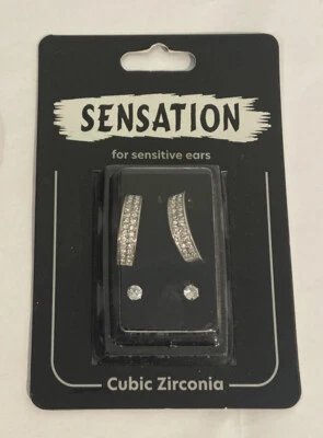 $15 • Buy Sensation For Sensitive Ears Cubic Zirconia Silver Earrings - 2 Pack - NEW! 
