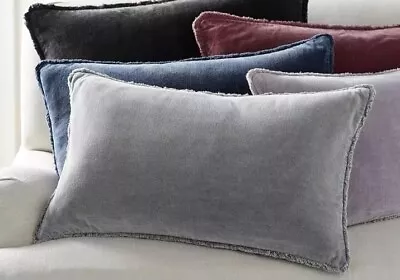 Pottery Barn Fringe Velvet Lumbar Pillow Cover Soft Gray 16 X 26 W/ Down Insert • $48.75